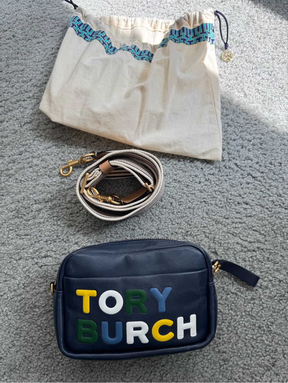 Tory Burch Navy Leather Crossbody with Multicolor Raised Logo
